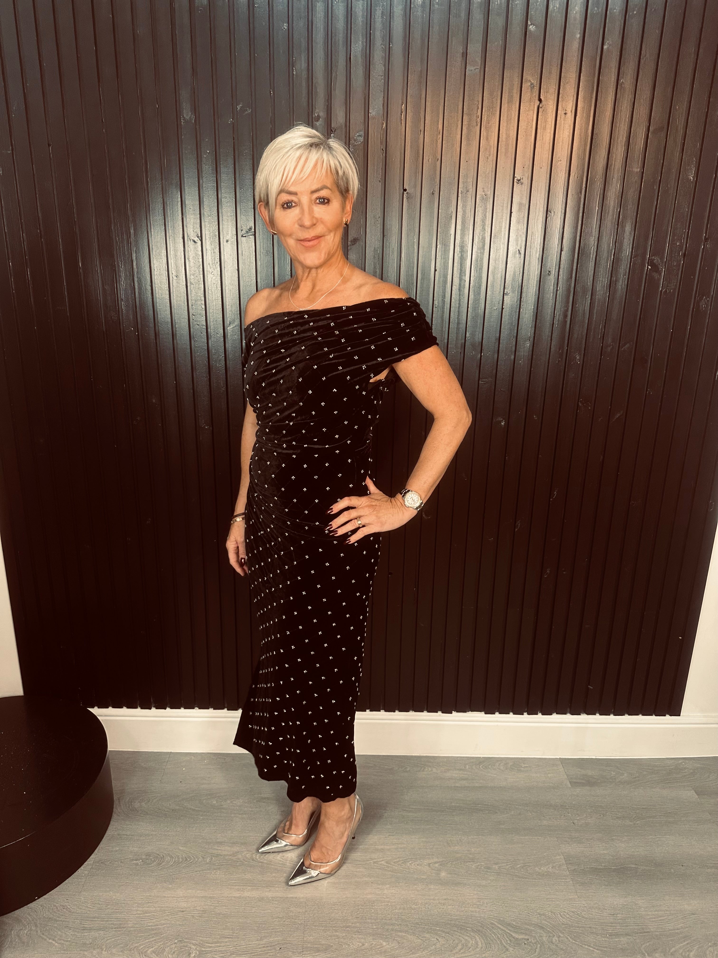 Asymmetric Neckline Midi Dress Beaded Velvet