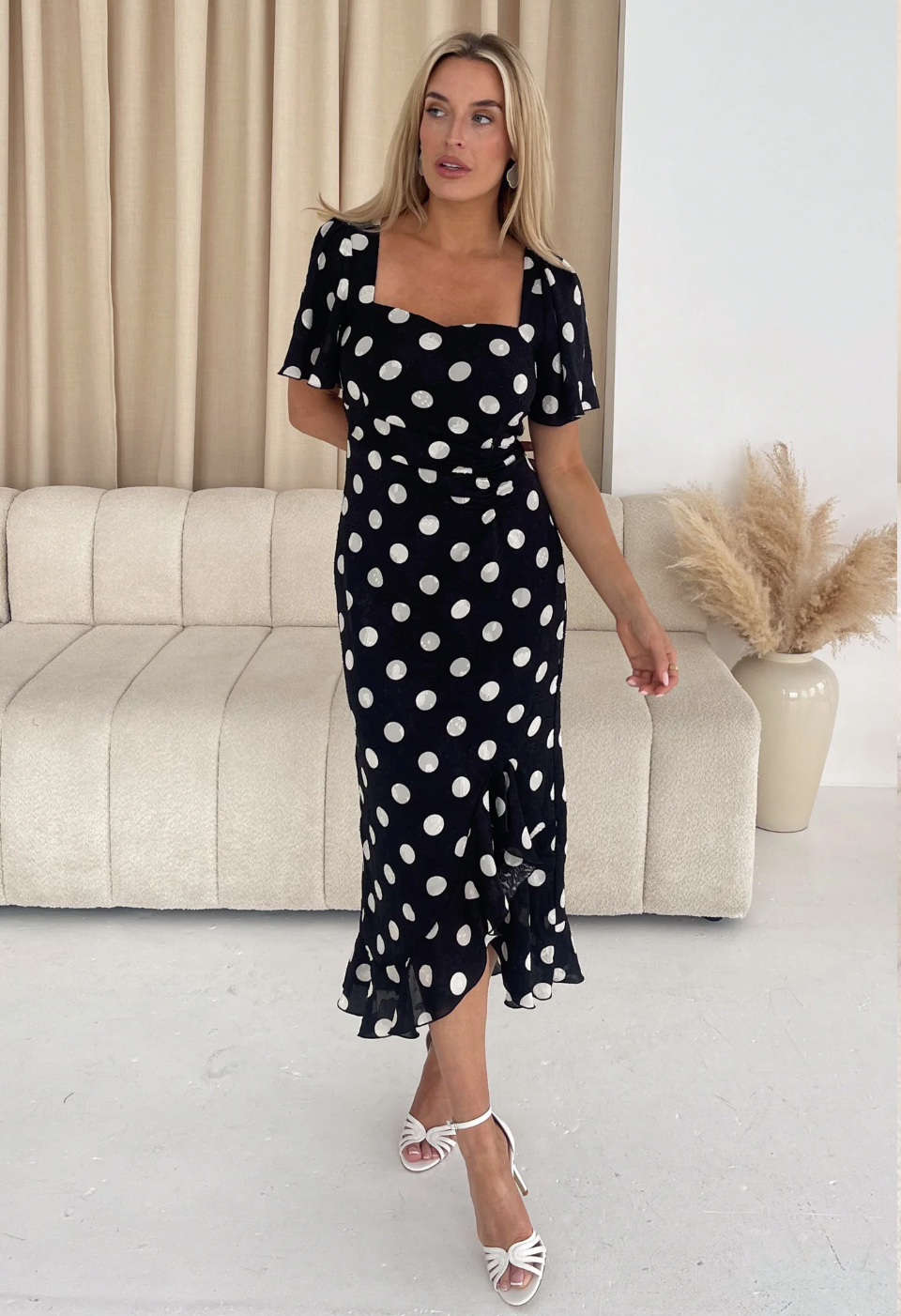 Spot Ruched Midi Dress