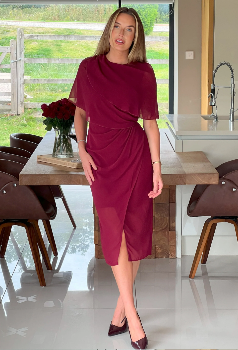 Cape Detail Wrap Skirt Midi Dress