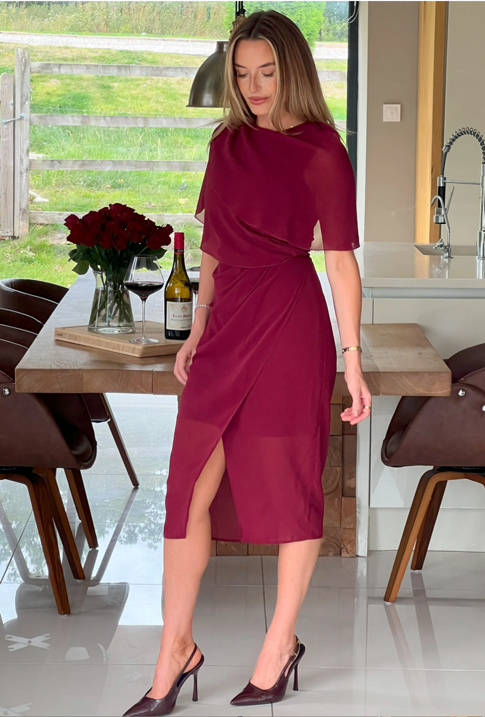 Cape Detail Wrap Skirt Midi Dress