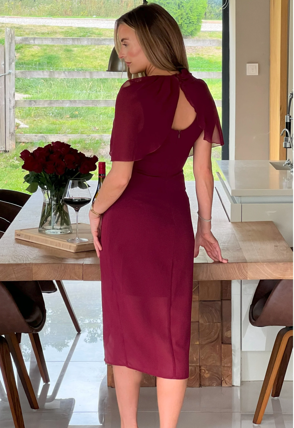 Cape Detail Wrap Skirt Midi Dress