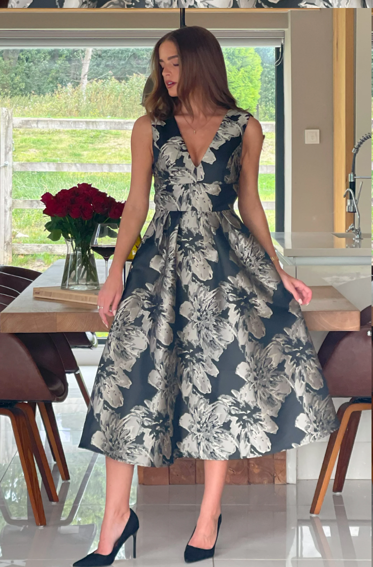 Black And Gold Jacquard V Neck Midi Dress