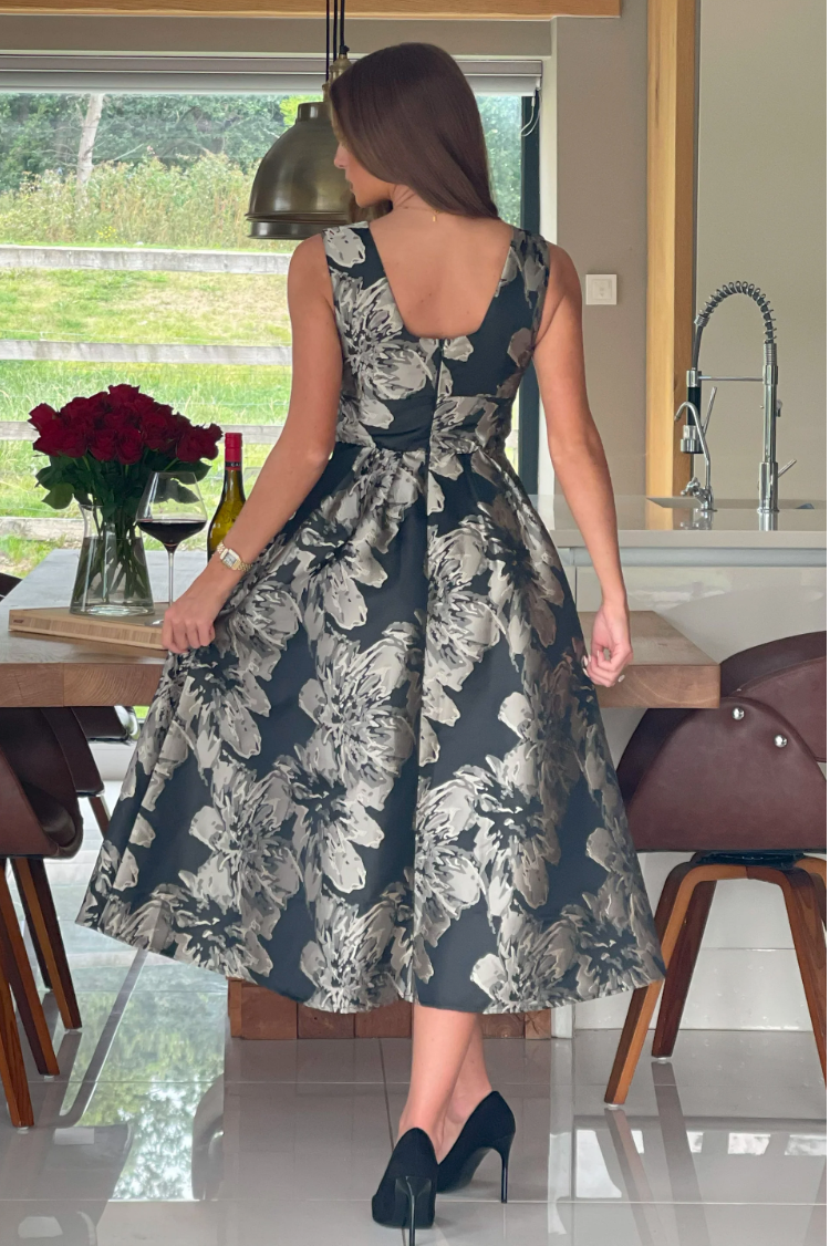 Black And Gold Jacquard V Neck Midi Dress