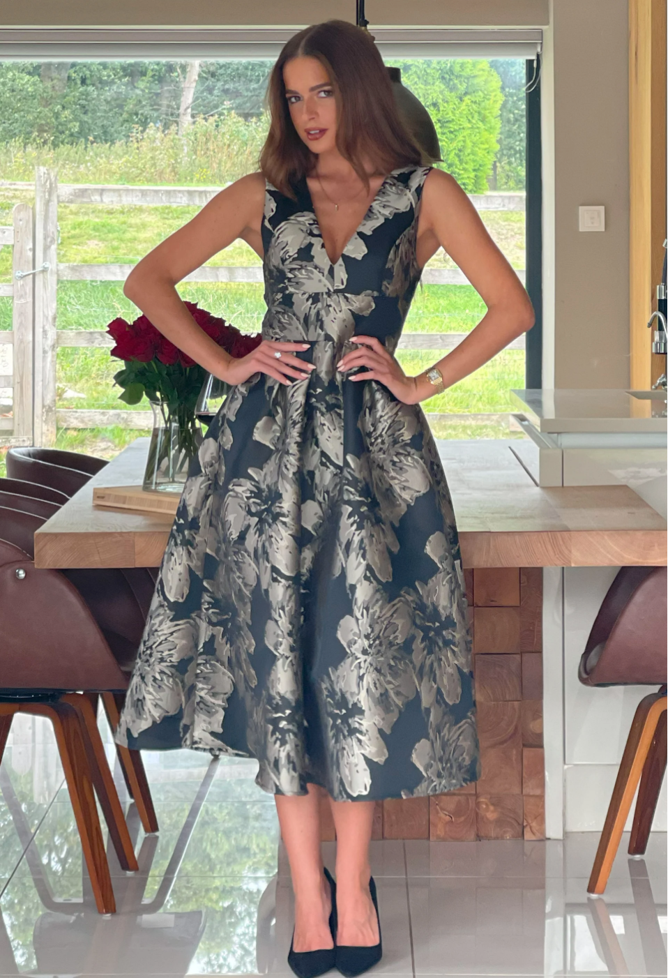 Black And Gold Jacquard V Neck Midi Dress