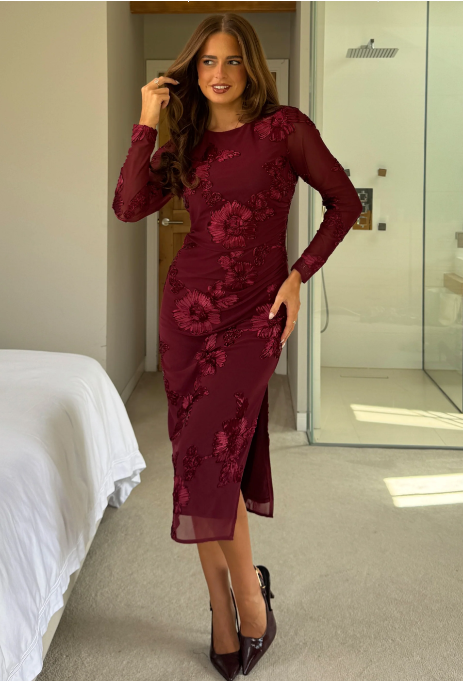 Floral Embroidered Mesh Body Con Dress