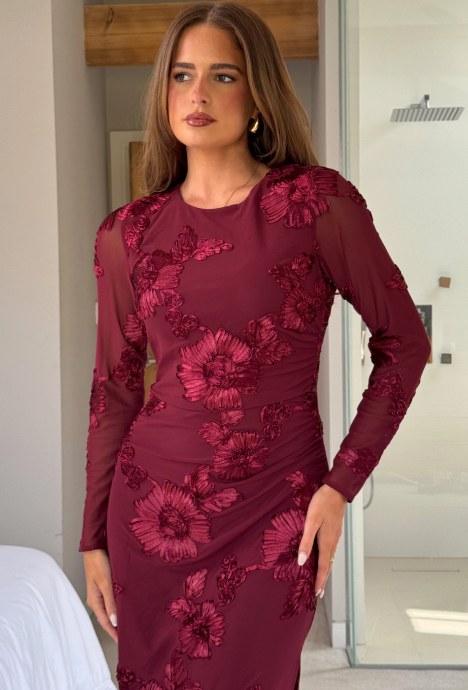 Floral Embroidered Mesh Body Con Dress