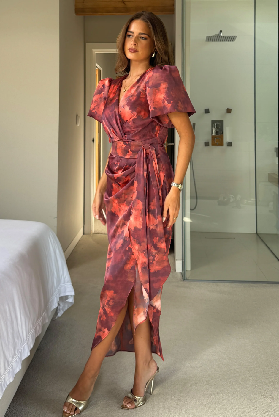 Puff Sleeve Wrap Front Midi Orange Marble