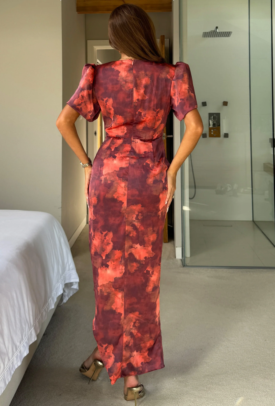 Puff Sleeve Wrap Front Midi Orange Marble