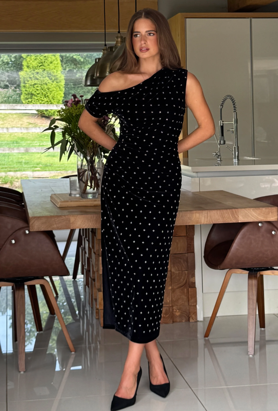 Asymmetric Neckline Midi Dress Beaded Velvet