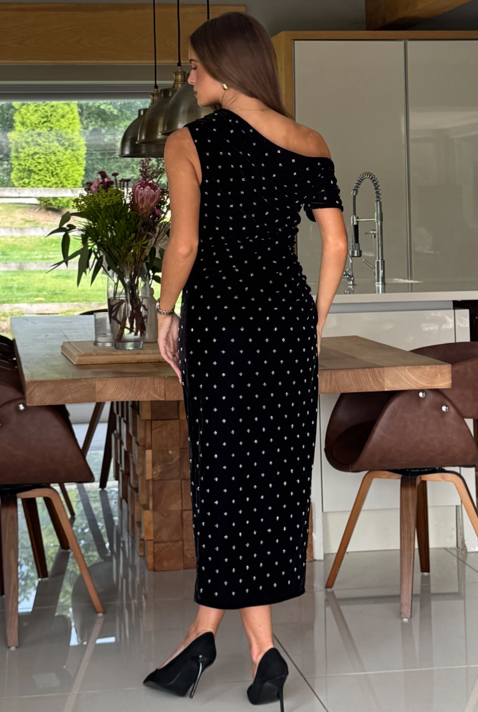 Asymmetric Neckline Midi Dress Beaded Velvet