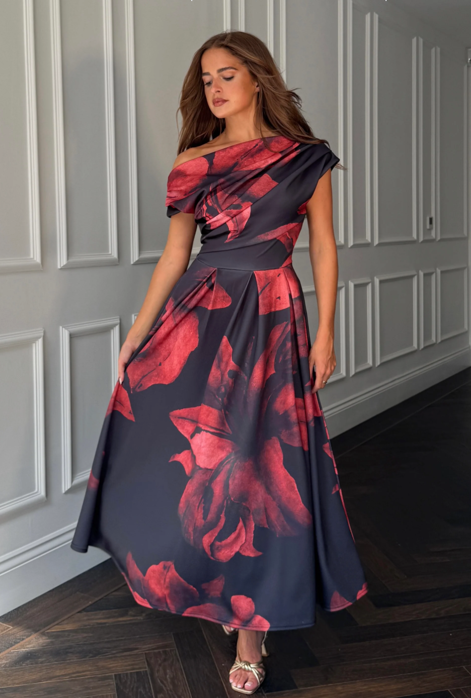 Asymmetric Neckline Skater Midi Black Floral