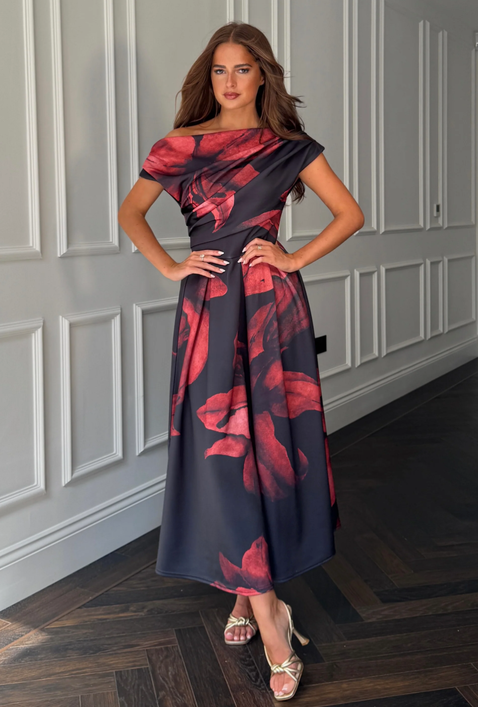Asymmetric Neckline Skater Midi Black Floral