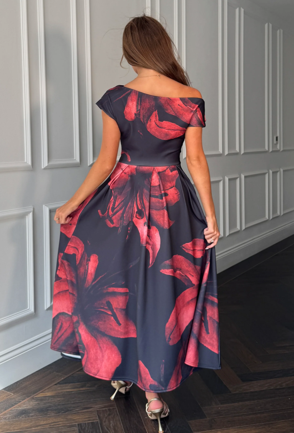 Asymmetric Neckline Skater Midi Black Floral
