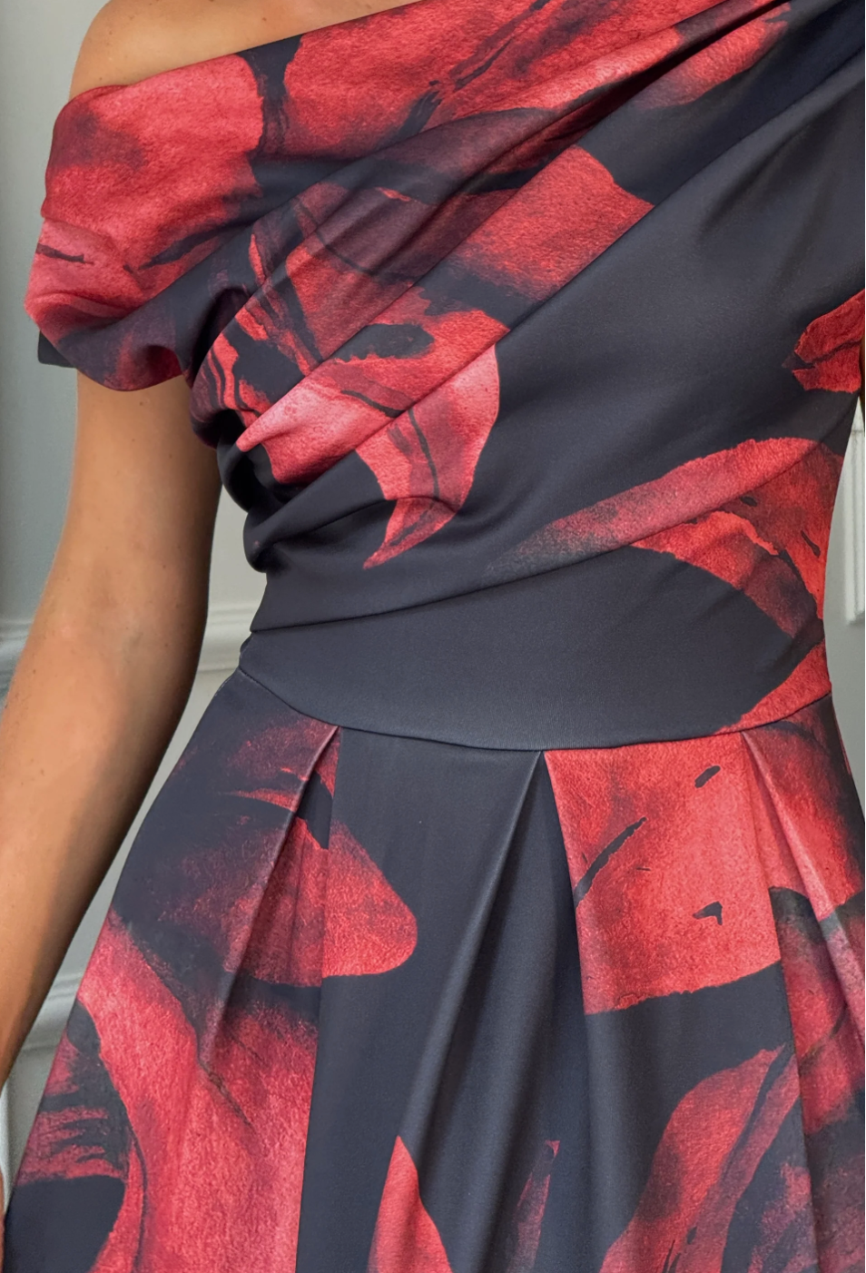 Asymmetric Neckline Skater Midi Black Floral